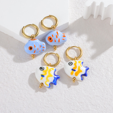 Boucles d'oreilles pendantes pour femmes en céramique, motif poisson, style vacances océaniques 2