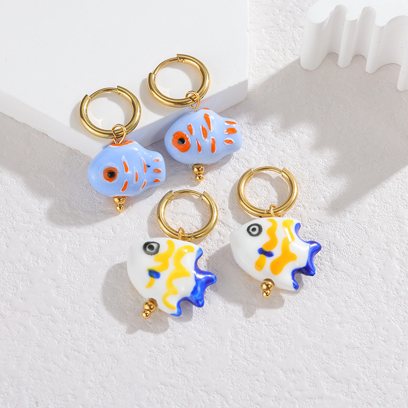 Boucles D'Oreilles Pendantes Pour Femmes En Céramique, Motif Poisson, Style Vacances Océaniques Image2