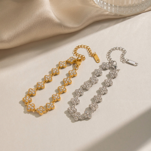 Bracelet À Maillons Pour Femme En Acier Inoxydable, Étanche, Couleur Or, Avec Zircon, En Forme De Trèfle h5 Image3