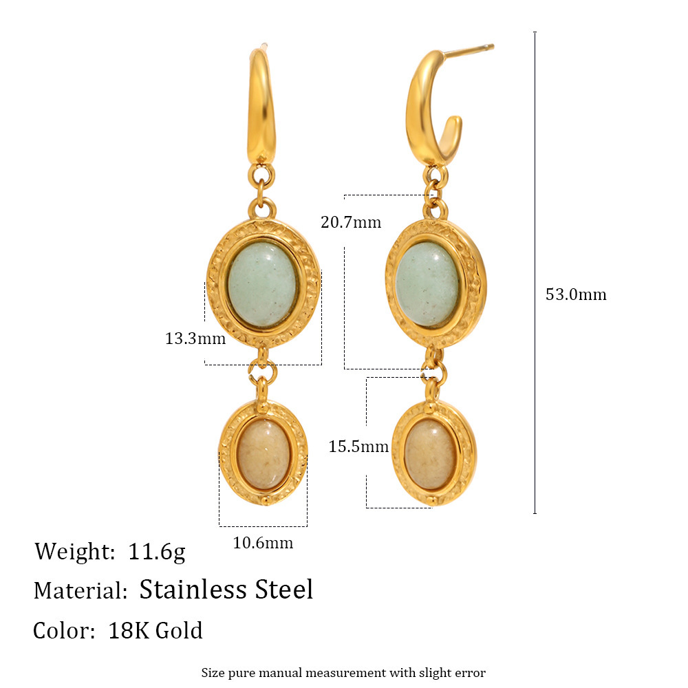 Boucles D'Oreilles Pendantes Pour Femme, Forme Elliptique Patchwork Simple, Acier Inoxydable, Couleur Or, Imperméables, Avec Pierre Naturelle