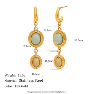 Boucles D'Oreilles Pendantes Pour Femme, Forme Elliptique Patchwork Simple, Acier Inoxydable, Couleur Or, Imperméables, Avec Pierre Naturelle h5