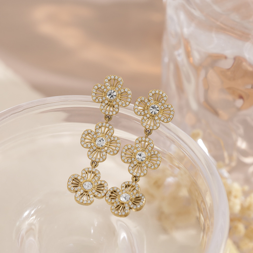 Boucles D'Oreilles Pendantes Pour Femme Sweet Flower En Acier Inoxydable Étanche Couleur Or Avec Strass Image3