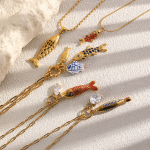 Colliers Pendentifs Pour Femmes, Collection Luxe, Motif Poisson, En Acier Inoxydable Étanche Couleur Or h5 Image3