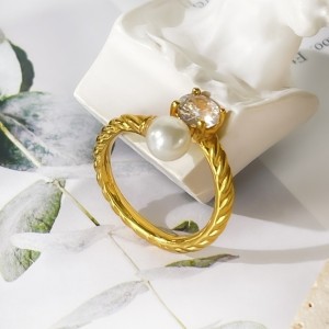 Bague Pour Femme En Acier Inoxydable Doré, Ornée D'Un Zircon Et D'Une Perle Artificielle, Ornée D'Un Cercle Simple Et Étanche. h5 Image4