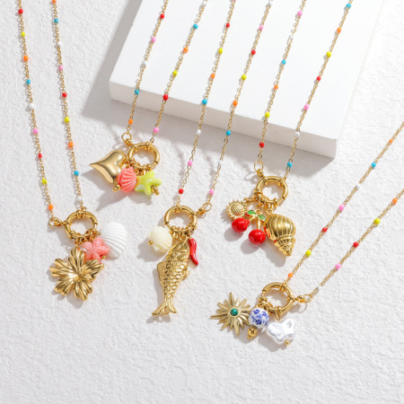 Colliers pendentifs pour femmes, style océanique, motif floral et poisson, en acier inoxydable étanche, couleur or 2
