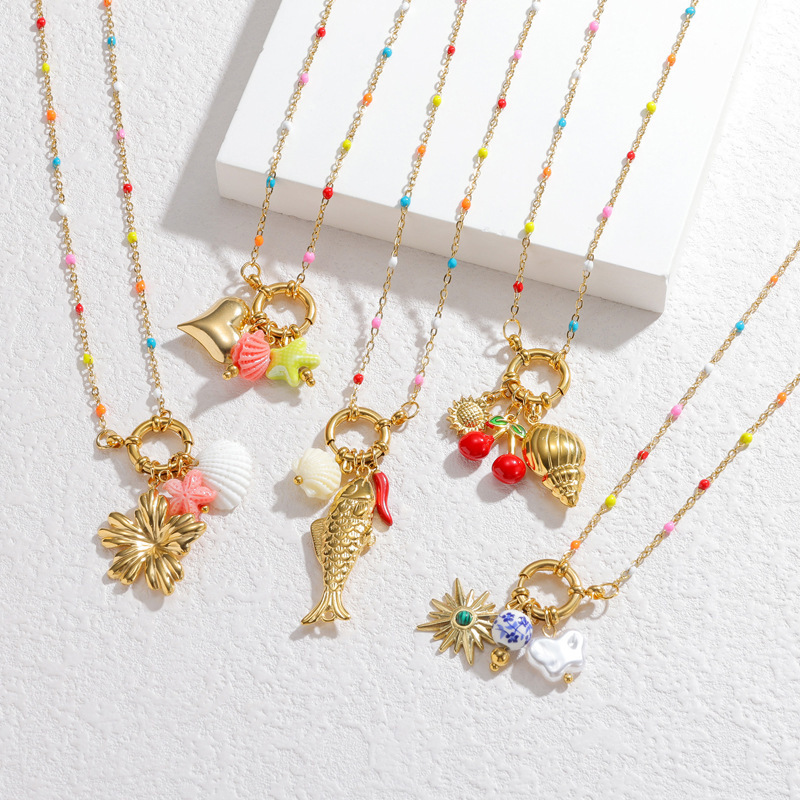 Colliers Pendentifs Pour Femmes, Style Océanique, Motif Floral Et Poisson, En Acier Inoxydable Étanche, Couleur Or Image2