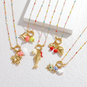 Colliers Pendentifs Pour Femmes, Style Océanique, Motif Floral Et Poisson, En Acier Inoxydable Étanche, Couleur Or h5 Image2