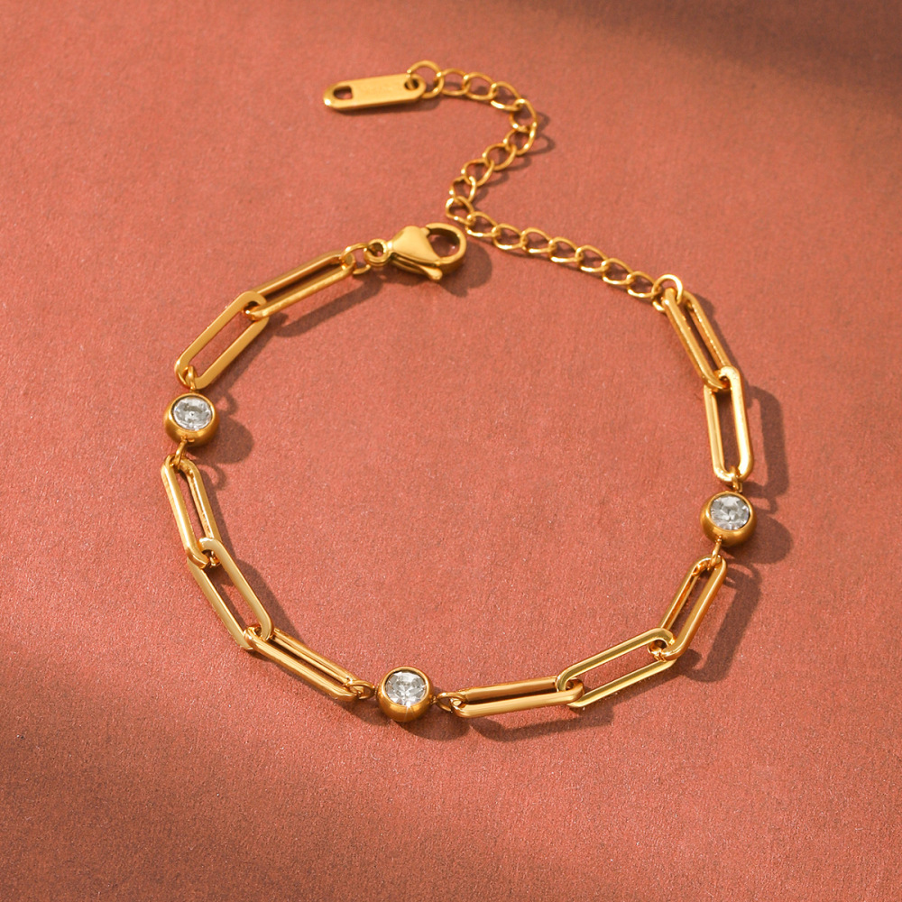 Bracelet Chaîne Pour Femme Simple Series Daily Chain En Acier Inoxydable Étanche Couleur Or Avec Zircon Image3