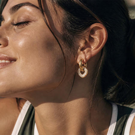Boucles d'oreilles pendantes pour femme, style rond, en acier inoxydable, couleur or, avec zircon, collection Simple Series Daily. 2