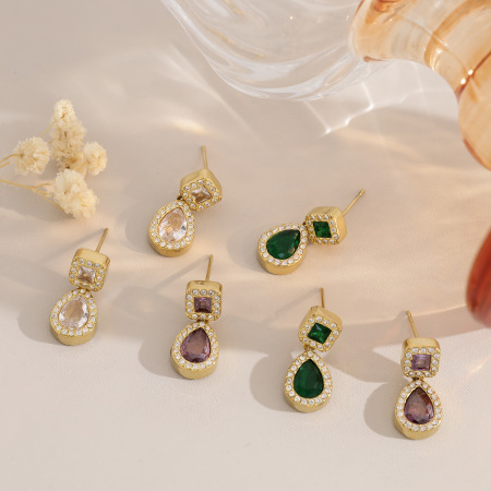 Boucles d'oreilles pendantes pour femme, collection Luxueuse, en acier inoxydable, étanches, couleur or, ornées de strass et de zircon. 2