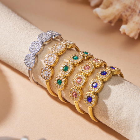 Bagues pour femmes en acier inoxydable étanche, serties de zircon et ornées de zircon, dans un élégant motif rond aux couleurs harmonieuses. Collection Luxe Sweet Mixte Color Circle. 2