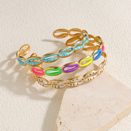 Bracelets manchettes pour femmes en acier inoxydable émaillé, couleur or, style vacances océaniques et coquillages