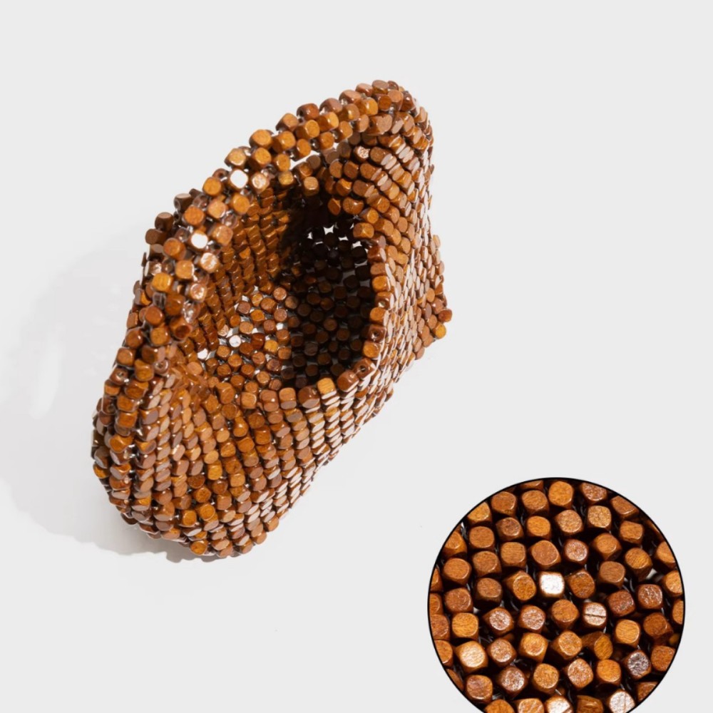 Sac À Oreiller Pour Femme En Bois Tressé Ajouré, Orné De Perles Unies De Style Ancien. h5Image4
