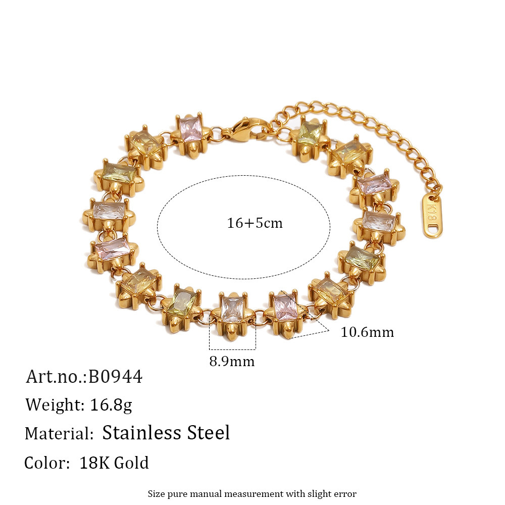 Bracelet Chaîne Élégant Patchwork Rectangulaire En Acier Inoxydable Imperméable Couleur Or Avec Zircon Pour Femme, Collection Luxueuse 
