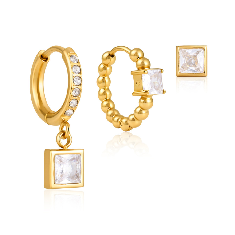 Ensembles De Boucles D'Oreilles Pour Femmes, Style Rectangulaire Simple, En Acier Inoxydable, Étanches, Couleur Or, Avec Zircon. Image5