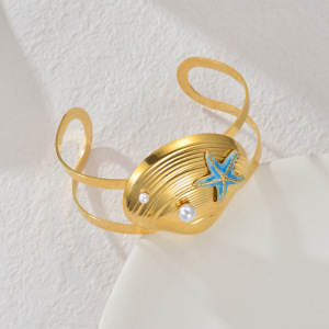 Bracelets Manchettes Pour Femmes En Acier Inoxydable Émaillé, Couleur Or, Style Vacances Océaniques h5 Image2