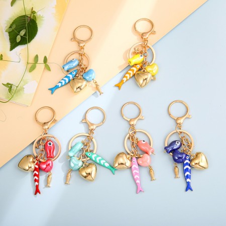 Porte-clés en acier inoxydable style océanique décontracté avec motif de poisson et cœur, collection ethnique