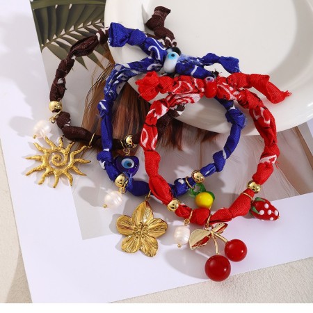 Bracelets tressés pour femmes, motif floral ethnique, soleil et cerise, couleur or 2