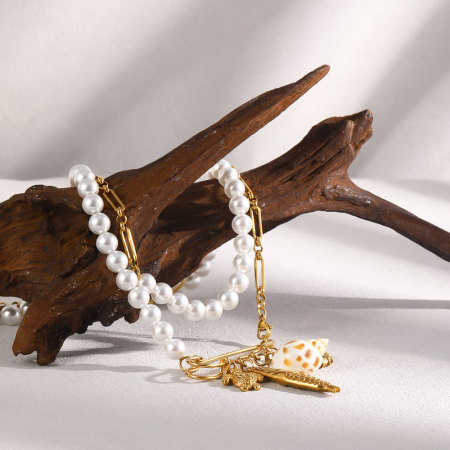 Collier long pour femme, en acier inoxydable, couleur or, orné de perles romantiques et de fils de coquillage. 2