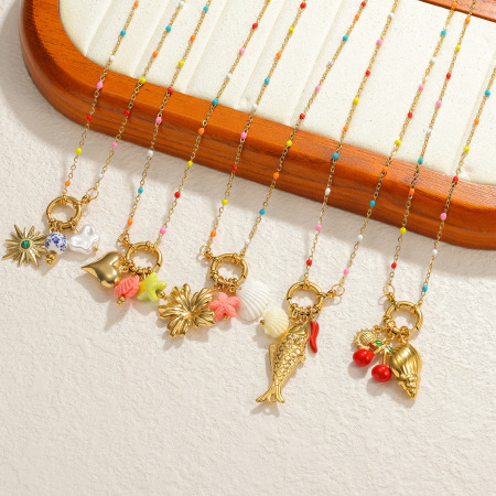 Colliers pendentifs pour femmes, style océanique, motif floral et poisson, en acier inoxydable étanche, couleur or