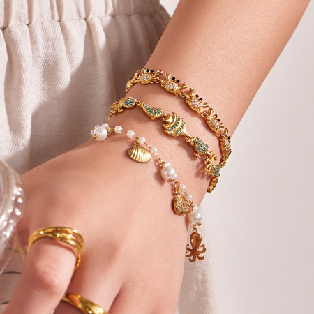 Bracelet à maillons pour femme, style océanique, en acier inoxydable, étanche, couleur or, avec zircon, motif animaux de vacances 2