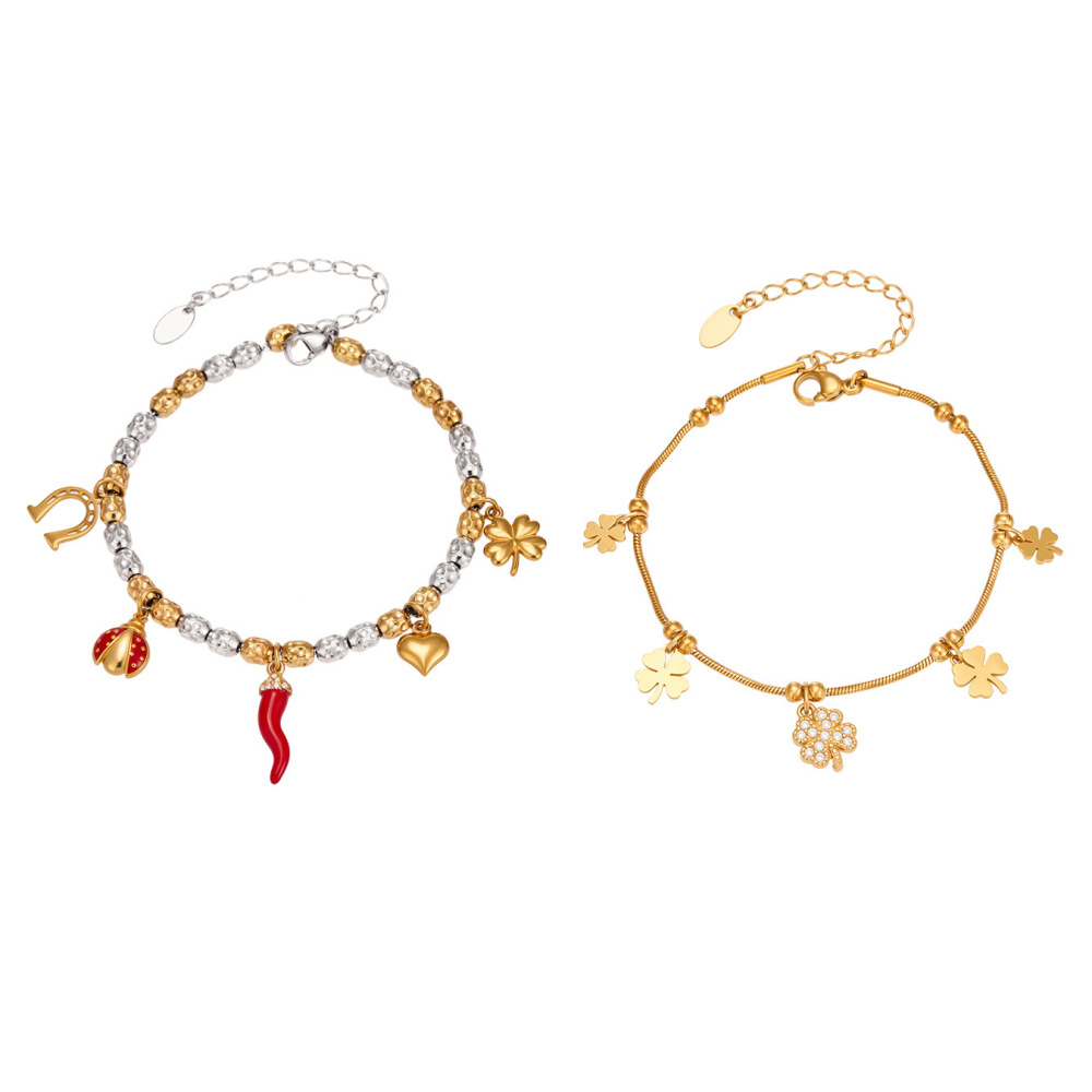 Bracelet À Breloques Pour Femme, Collection Luxueuse Series, Motif Trèfle Et Piment, En Acier Inoxydable Étanche, Couleur Or. Image5
