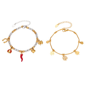 Bracelet À Breloques Pour Femme, Collection Luxueuse Series, Motif Trèfle Et Piment, En Acier Inoxydable Étanche, Couleur Or. h5 Image5