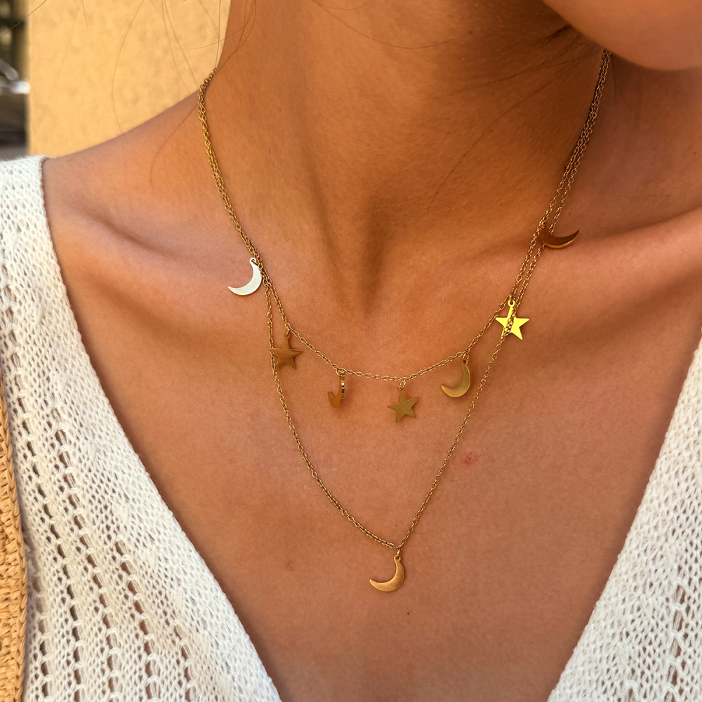 Colliers Pendentifs Femme Simples, Rétro, Étoile Et Lune, En Acier Inoxydable Étanche, Couleur Or Image4