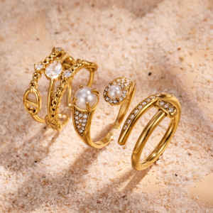 Bagues Pour Femmes En Acier Inoxydable Doré, Forme Irrégulière Et Pierre Précieuse Zircon, Étanches, Collection Simple. h5 Image3