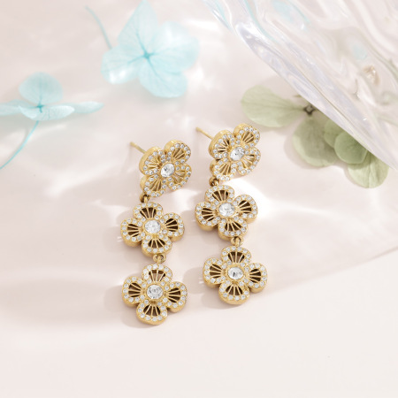 Boucles d'oreilles pendantes pour femme Sweet Flower en acier inoxydable étanche couleur or avec strass 2