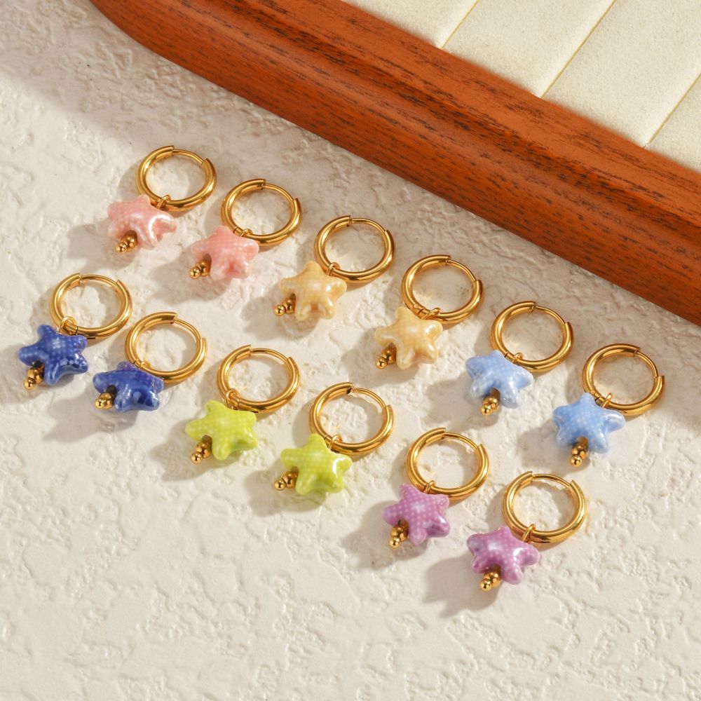 Boucles D'Oreilles Pendantes Pour Femmes, Style Océanique, En Céramique, Motif Étoile De Mer, En Acier Inoxydable Étanche. Image3