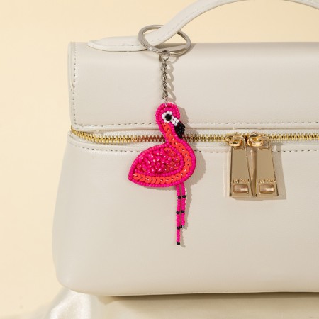 Porte-clés en alliage avec perles et motif flamants roses naturels (Série Simple). 2
