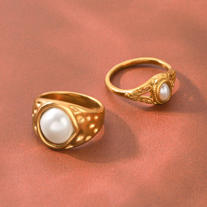 Bagues Pour Femmes En Acier Inoxydable, Forme Elliptique Rétro Simple, Couleur Or, Étanches, Avec Perle Et Pierre Précieuse. h5 Image5