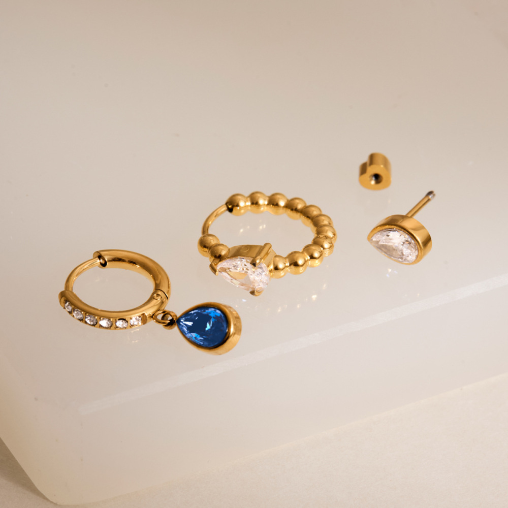 Ensembles De Boucles D'Oreilles Pour Femmes Luxious Series Simple Droplet En Acier Inoxydable Étanche Couleur Or Et Zircon Image4