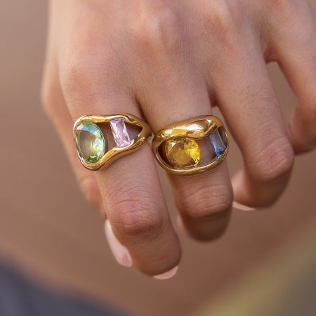 Bagues pour femmes de la luxueuse collection « Rectangle et Ellipse », élégantes, en acier inoxydable, étanches, couleur or, serties de zircon. 2