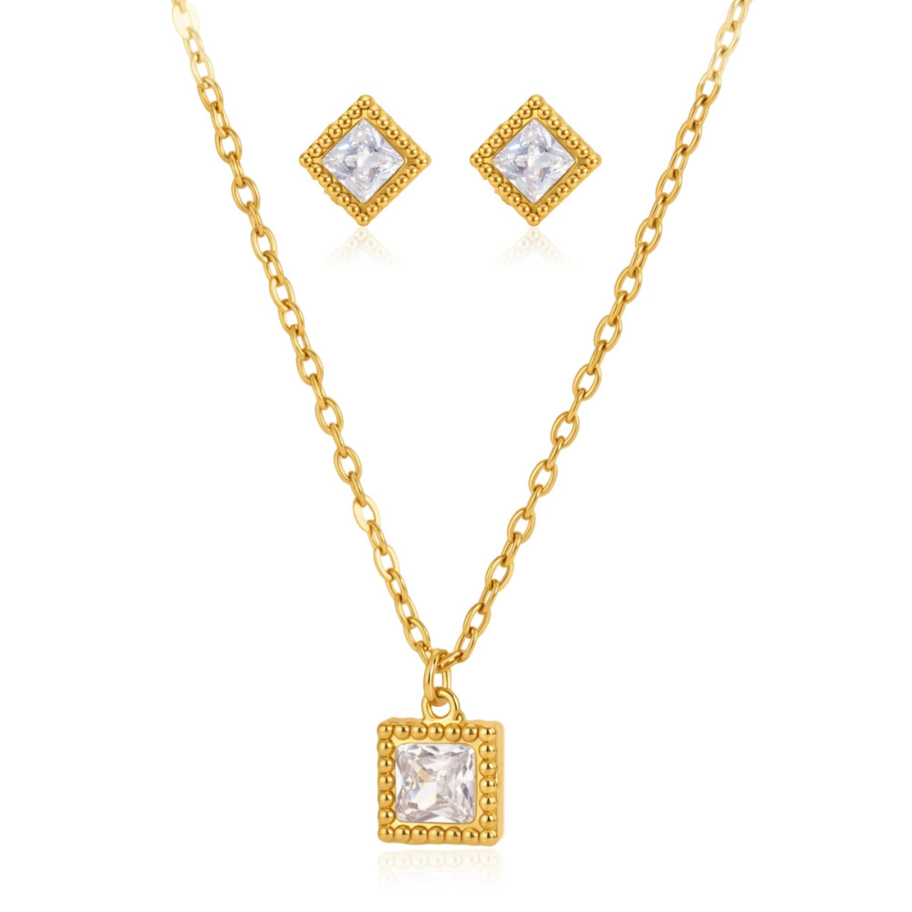 Ensembles De Colliers Pour Femmes En Acier Inoxydable Rectangulaire Étanche Couleur Or Avec Zircon Image5