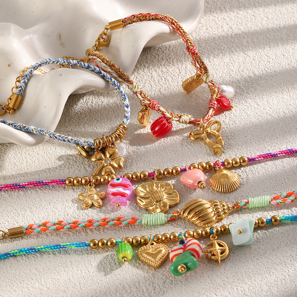 Bracelet Tressé Pour Femme, Collection Romantique, Nœud Papillon Fleuri, Trèfle, En Acier Inoxydable, Étanche, Couleur Or. Image2