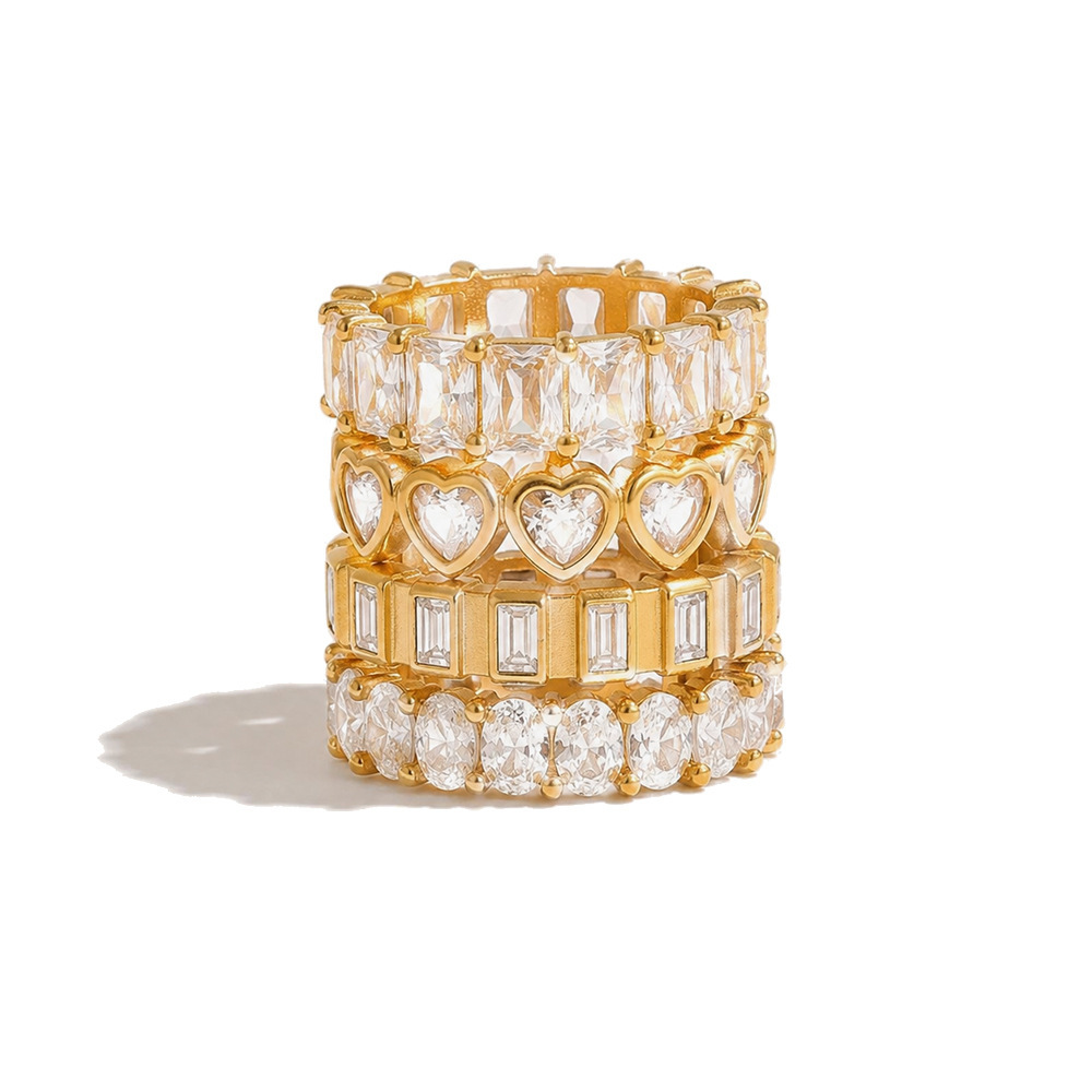 Bagues Pour Femmes Luxueuses Et Simples En Forme De Cœur, Rectangulaires, En Acier Inoxydable Étanche Couleur Or Et Zircon. Image3