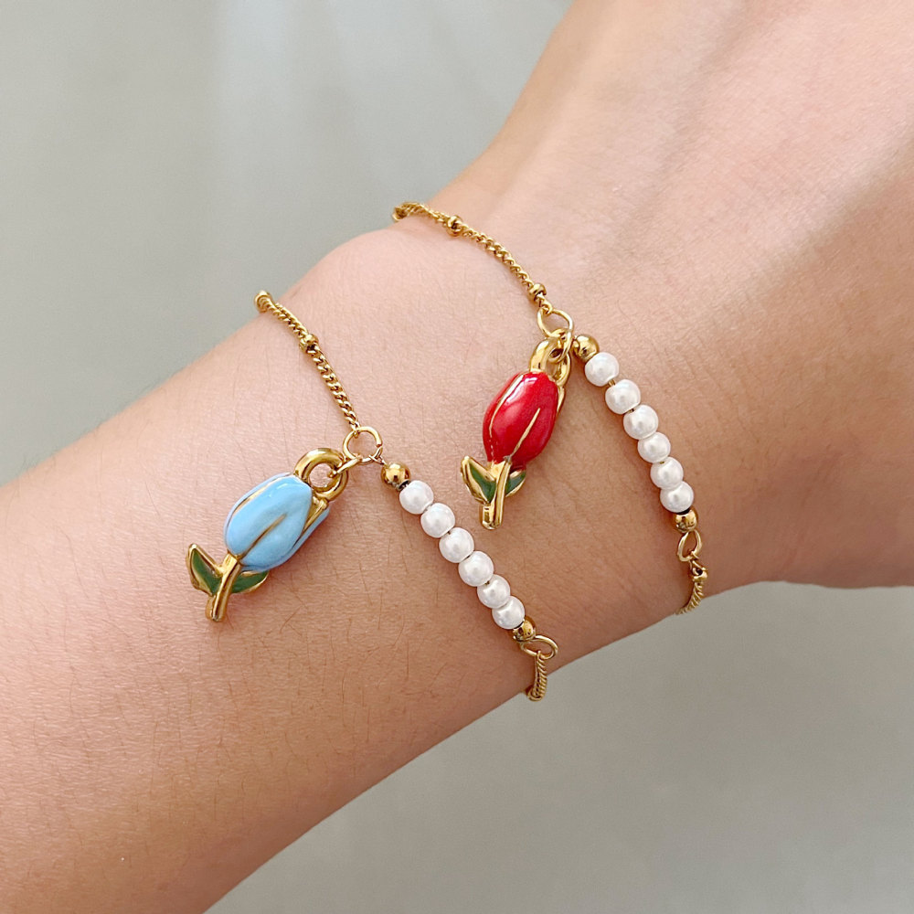 Bracelet À Breloques Pour Femme, Collection Romantique, Perles En Émail Et Fleurs, Acier Inoxydable, Couleur Or, Étanche. Image3