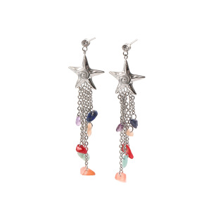 Boucles D'Oreilles Pendantes Pour Femme, Collection Romantique, Motif Étoile De Mer Et Pompon, En Acier Inoxydable Étanche, Couleur Or. h5 Image3