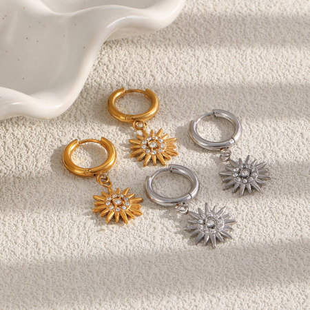 Boucles d'oreilles pendantes pour femme, style rétro soleil, en acier inoxydable, étanches, couleur or, ornées de strass.