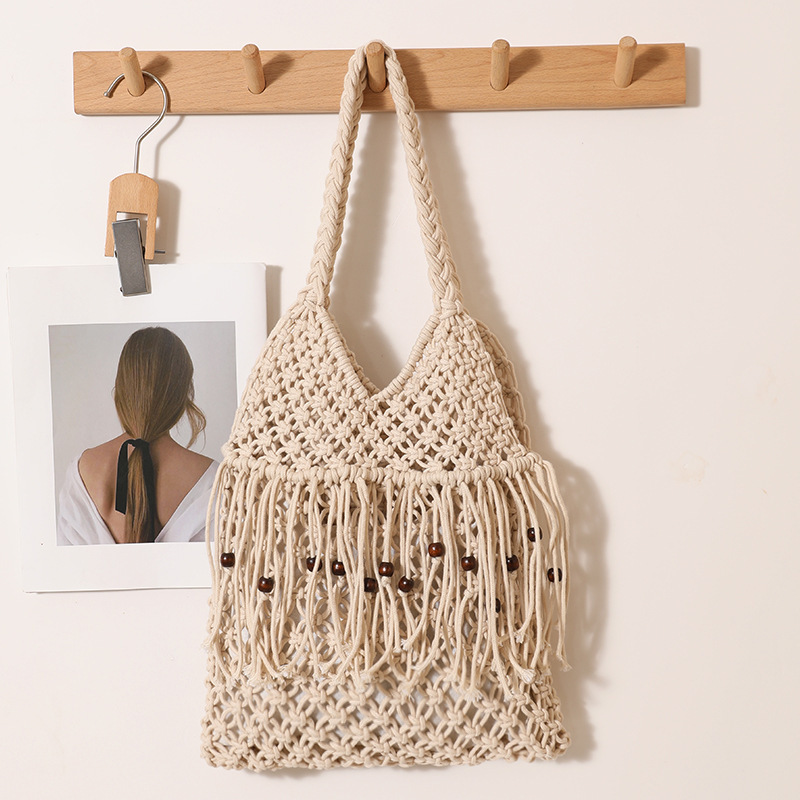 Sac Carré Pour Femme En Coton Tissé, Couleur Unie, Froncé, À Pompons Et Perles, Style Vacances 