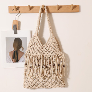 Sac Carré Pour Femme En Coton Tissé, Couleur Unie, Froncé, À Pompons Et Perles, Style Vacances h5 