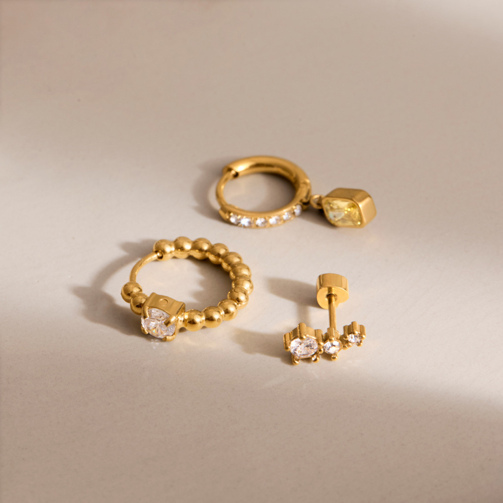 Ensembles De Boucles D'Oreilles Élégantes Rectangulaires En Acier Inoxydable Étanche Couleur Or Avec Zircon Pour Femmes De La Série Luxueuse Image3