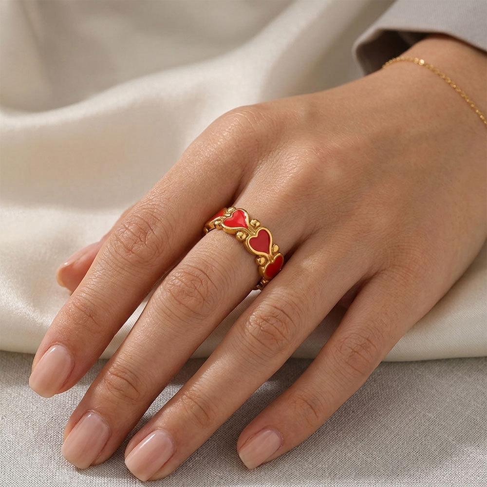 Bagues Tendance Simple Series Sweet Heart En Acier Inoxydable Étanche Couleur Or h5Image3