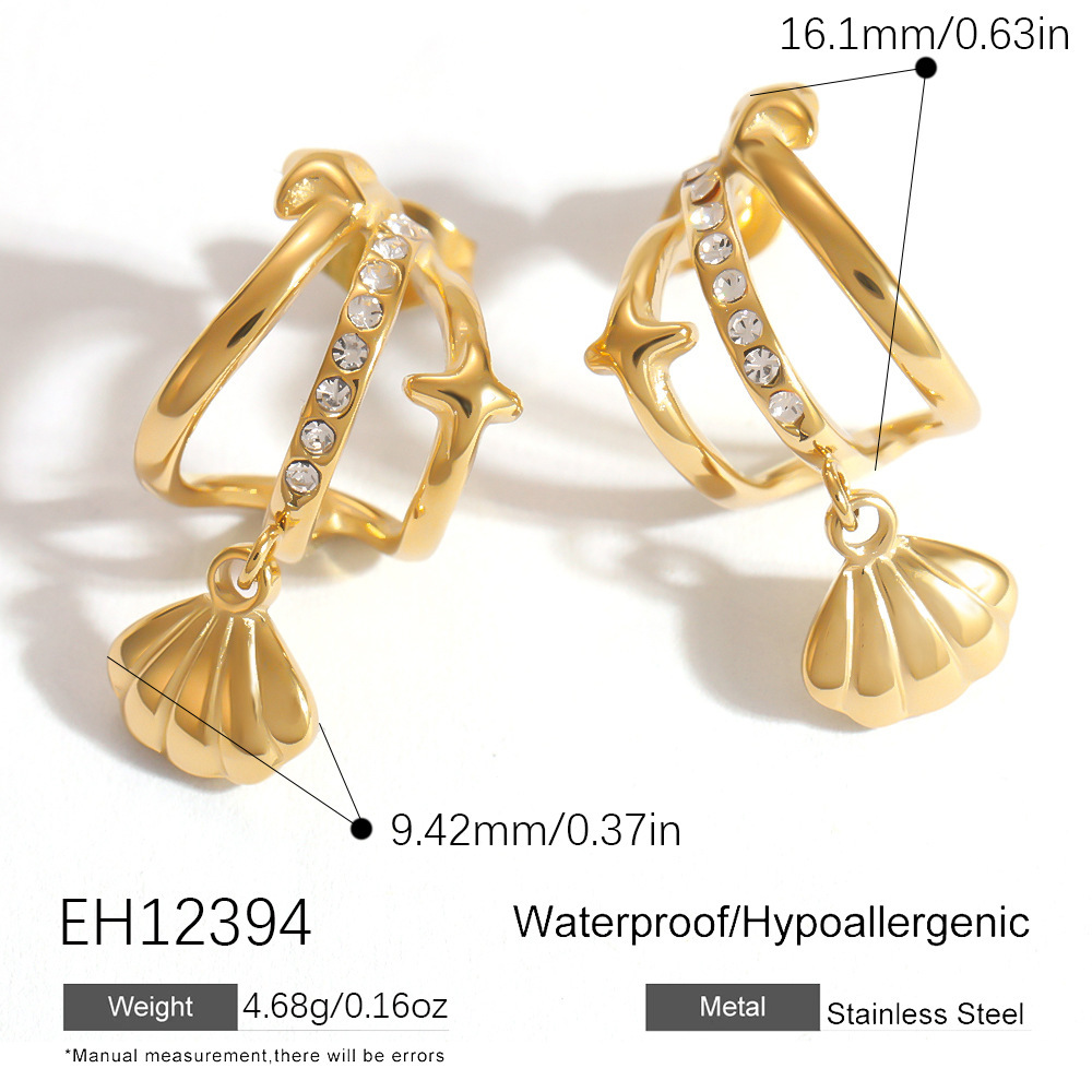 Boucles D'Oreilles Puces Pour Femmes En Acier Inoxydable, Couleur Or, Étanches, Avec Strass Et Coquillage 