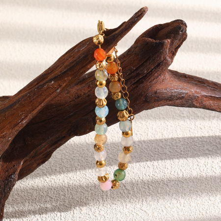 Bracelets pour femmes Sweet Beads en acier inoxydable imperméable, couleur or et pierres naturelles, multicolores. 2