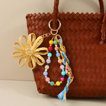 Breloques de sac en raphia tressé, style décontracté, avec perles torsadées et fleurs simples