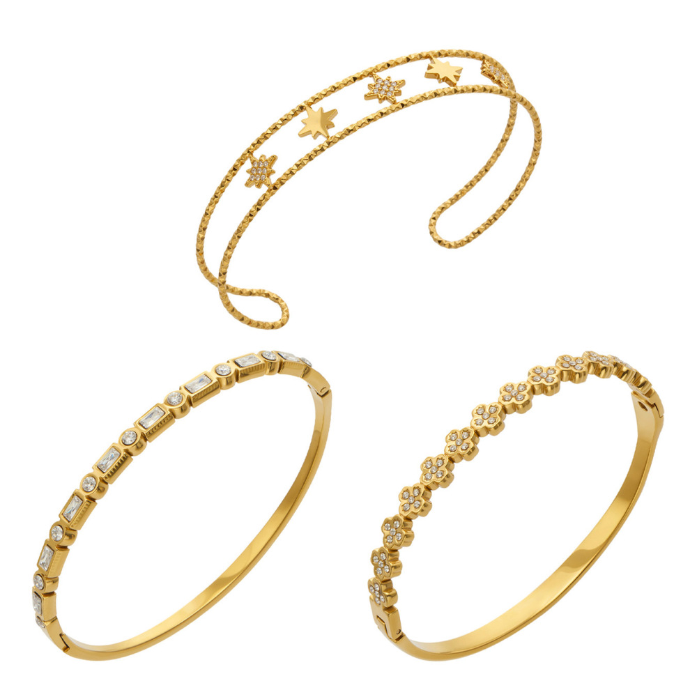 Bracelet Jonc Pour Femme Simple Series Elegant Patchwork Ajouré En Acier Inoxydable, Couleur Or, Étanche Image5