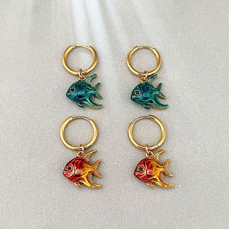 Boucles d'oreilles pendantes rétro en acier inoxydable, couleur or, pour femme, motif poisson